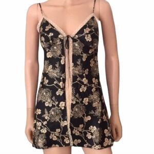 Victoria's Secret Black & Gold Floral Lace Satin Open Front Tie Babydoll Nightie